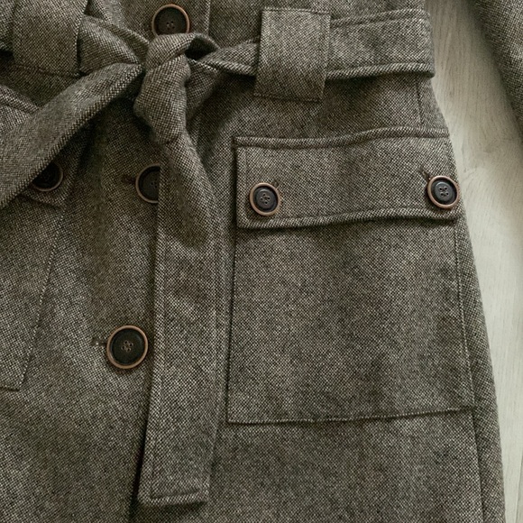 Via‎ button-up wool pea coat tan brown size S tie waist midi classic elegant - Picture 15 of 16